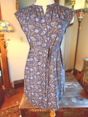 LOFT Dusty Blue Floral Button-Front Dress with Olive and Peach Accents